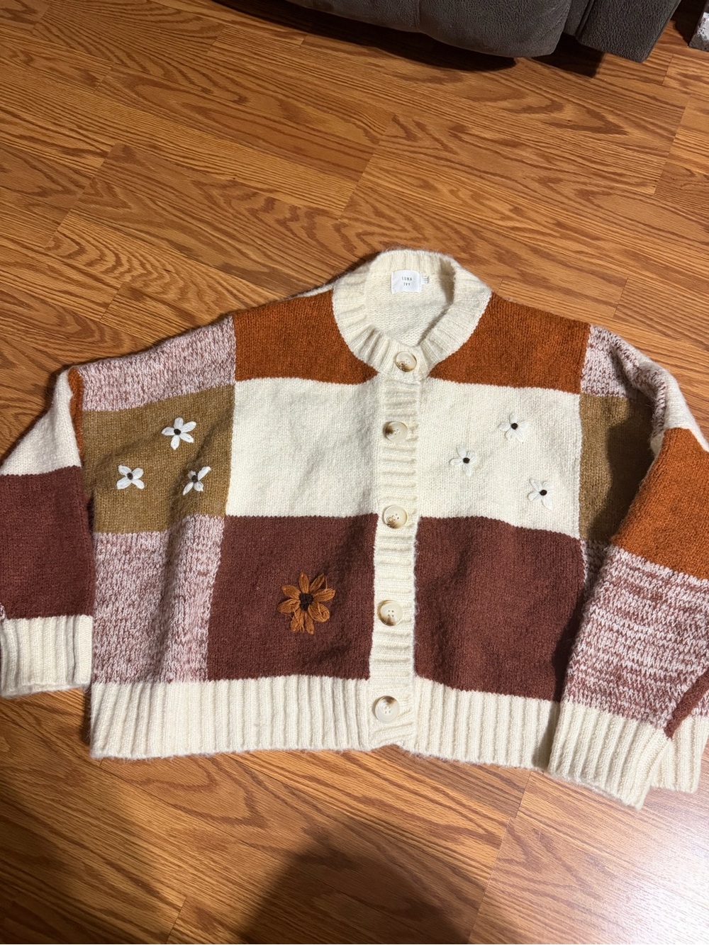 Luna Ivy Patchwork Floral Knit Cardigan Sweater Cottagecore Chunky Neutral Large